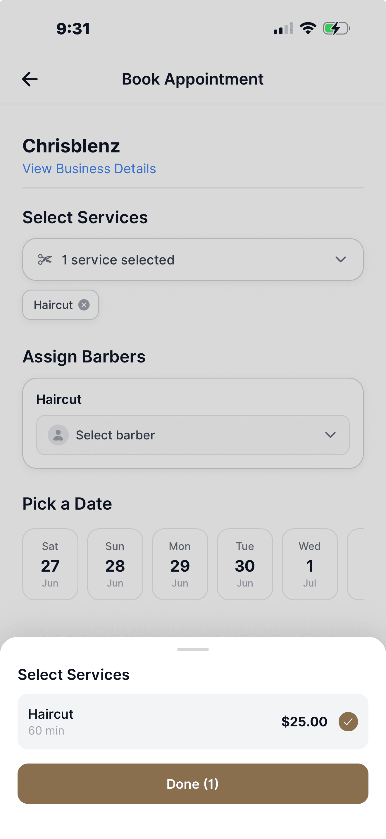 Chrisblenz branded booking app — Book Appointment screen