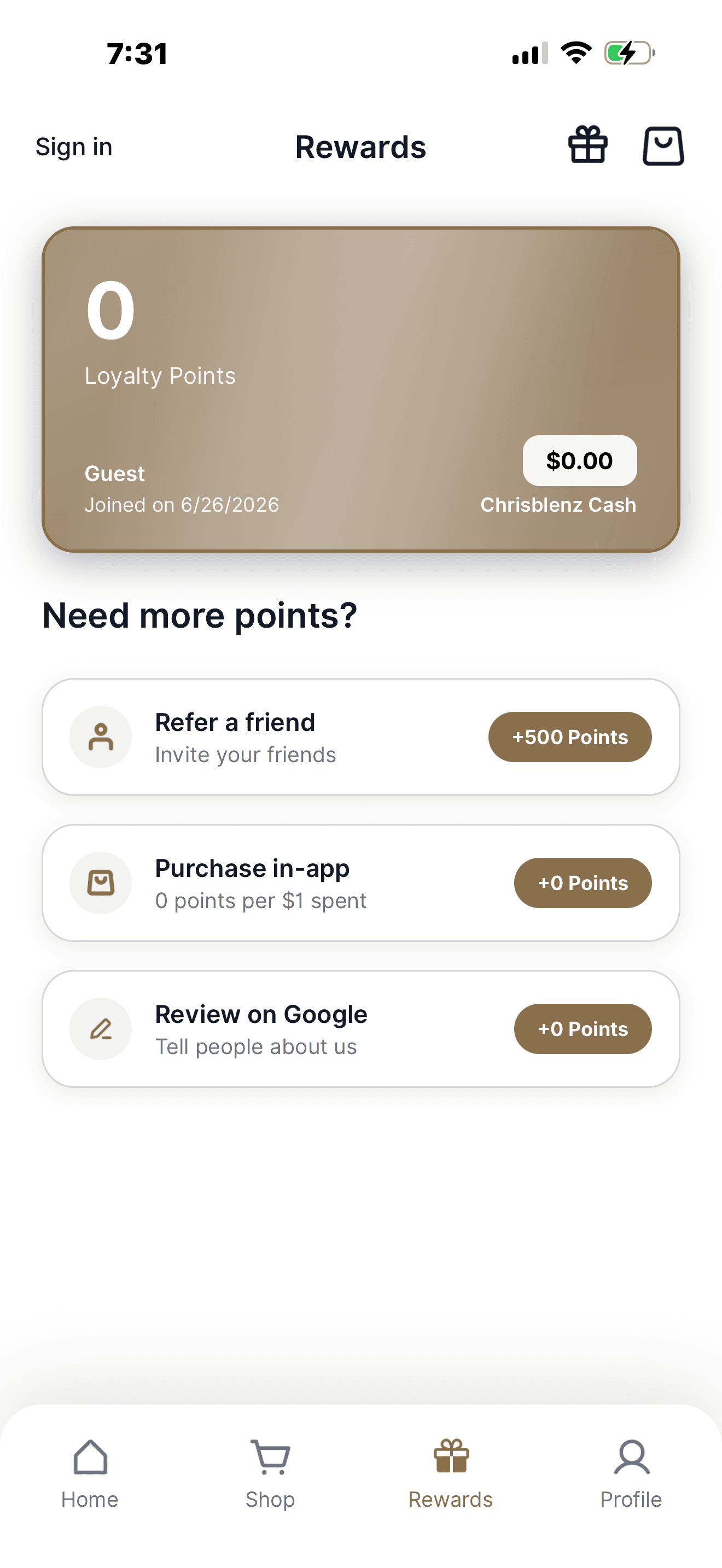 Chrisblenz rewards screen — loyalty points and referral rewards